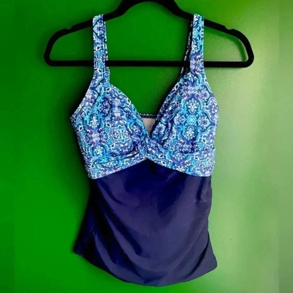 Lands End Tankini 6L 6 Long‎ Blue Swim Suit EUC Top only